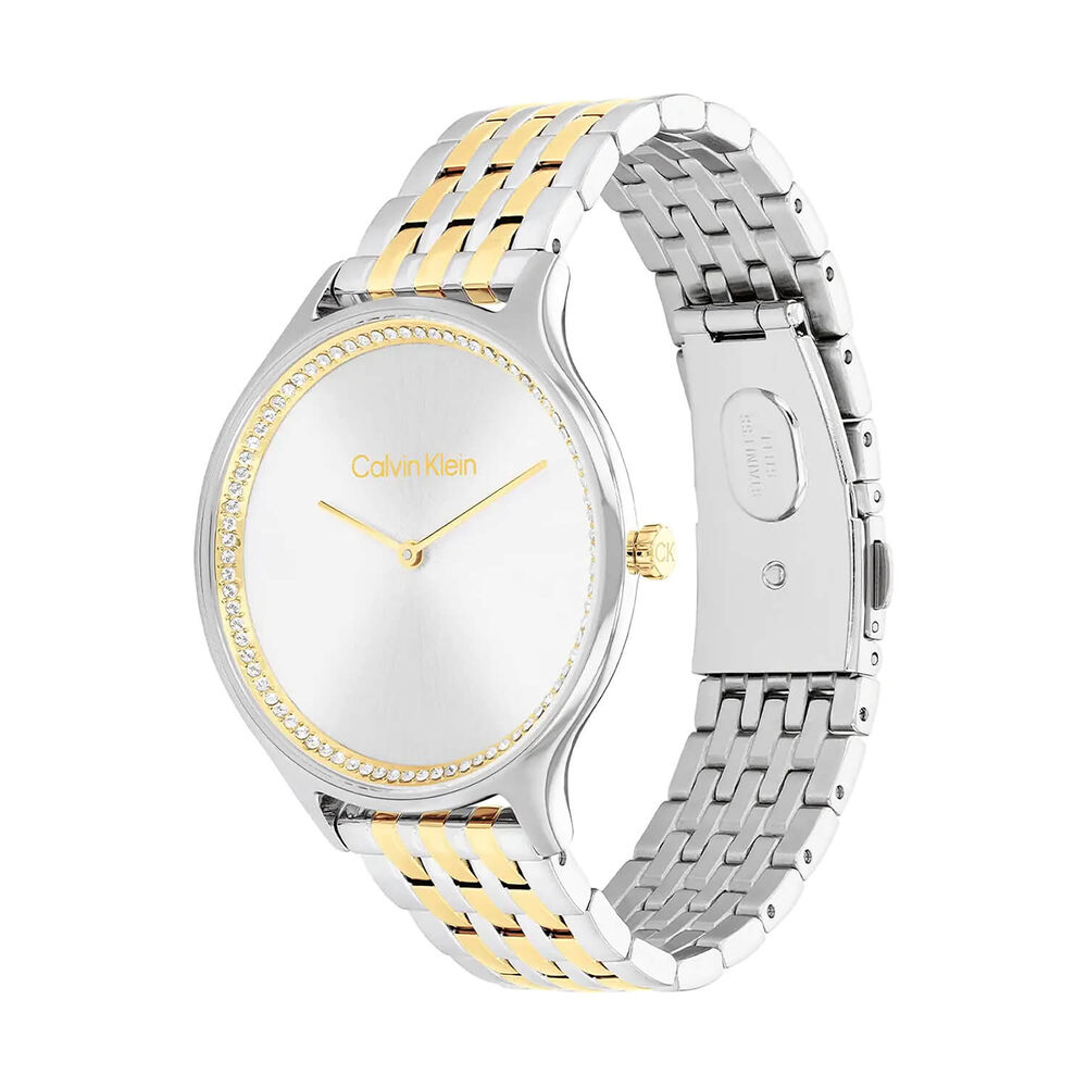Calvin Klein Timeless 38mm Silver Dial Crystal Bezel Two Tone Steel Bracelet Watch image number 1