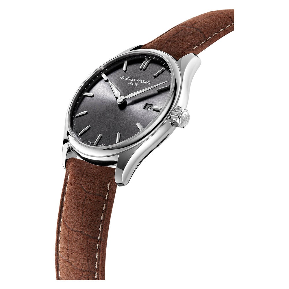 Frederique Constant Index Quartz Grey Dial Steel Case Brown Strap Watch