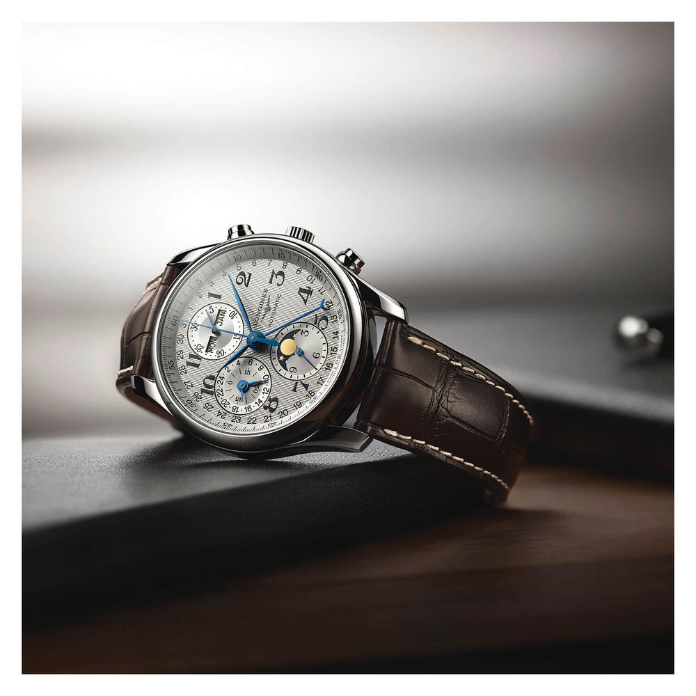 Longines Master Collection 40mm Automatic Chronograph Silver Dial Leather Strap Watch image number 7