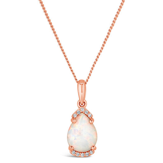 9ct Rose Pear Opal With Diamond Top Bottom Pendant