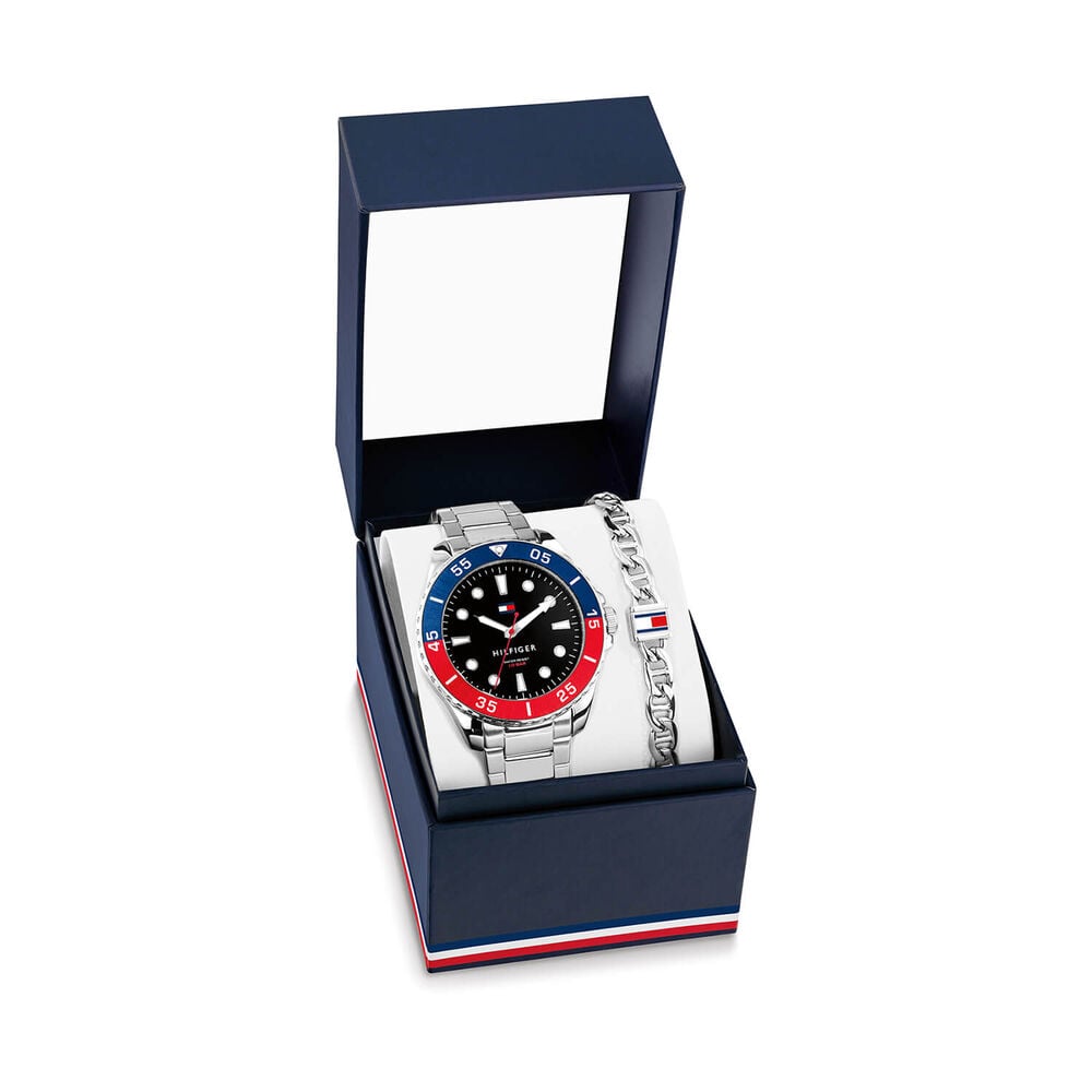 Tommy Hilfiger Oceanic 42mm Black Dial Steel Bracelet Watch & Branded Steel Bracelet Gift Set image number 0