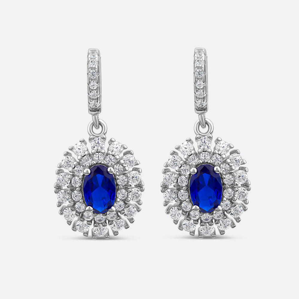 Sterling Silver Blue & White Cubic Zirconia Double Halo Drop Earrings