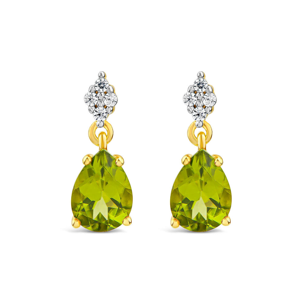 9ct Yellow Gold Pear Peridot & 0.06ct Diamond Drop Earrings