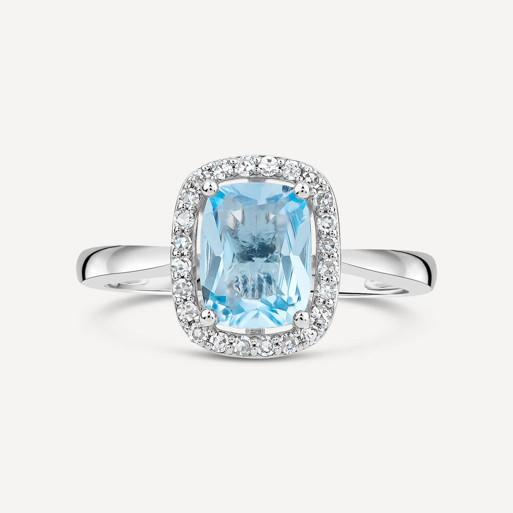 9ct White Gold Cushion Blue Topaz Centre 0.14ct Diamond Frame Polished Band Ring
