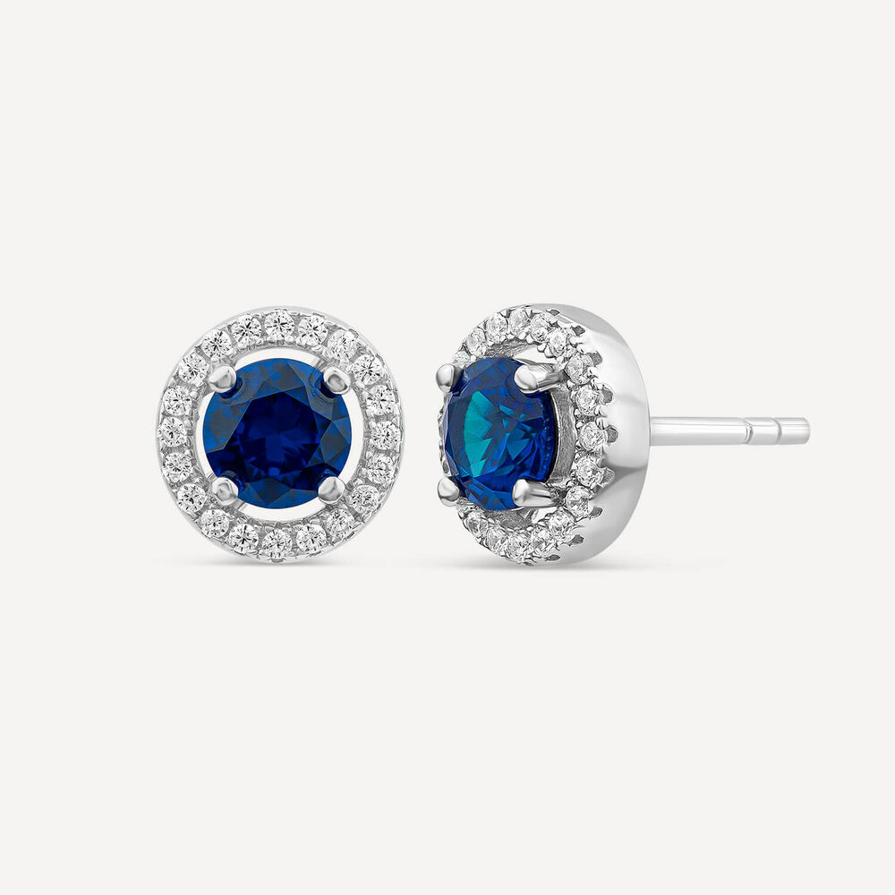 Sterling Silver Blue Centre Stone & Cubic Zirconia Halo Stud Earrings image number 1