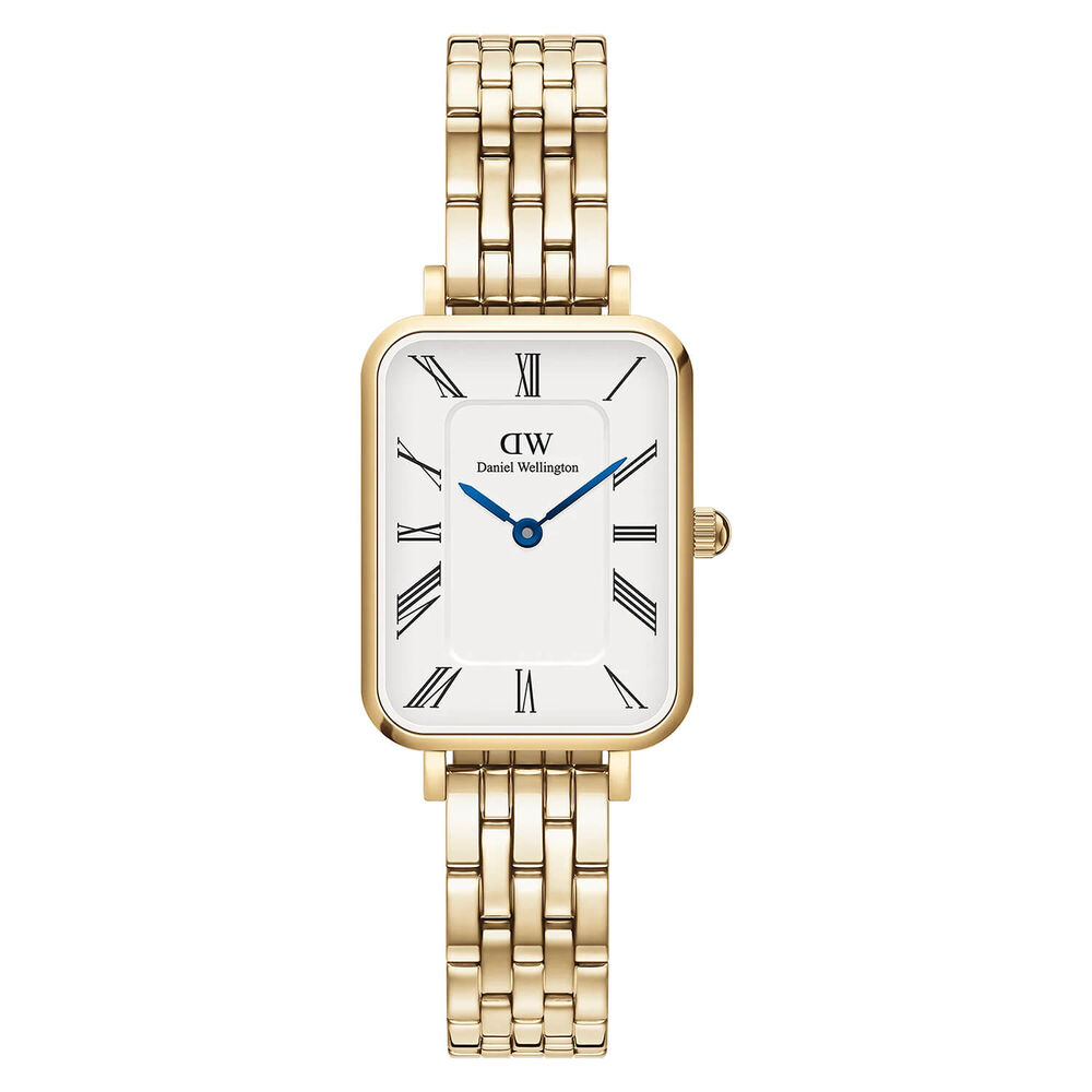 Daniel Wellington Quadro Roman Numerals 20x26mm White Dial 5-Link Gold PVD Bracelet Watch