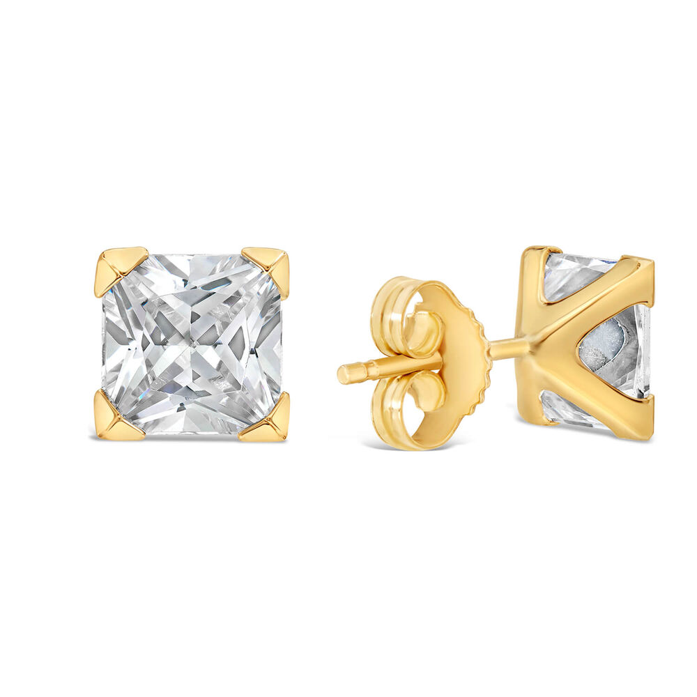 9ct Yellow Gold 6MM Princess Cut Cubic Zirconia Stud Earrings image number 2