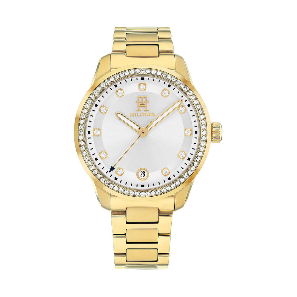 Tommy Hilfiger 36mm Silver Dial Crystal Set Bezel Gold Tone Steel Bracelet Watch image number 0