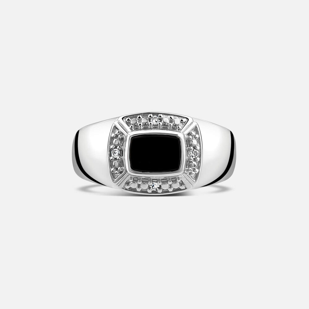 Sterling Silver Square Onyx 0.02ct Lab Grown Diamond Frame Signet Ring
