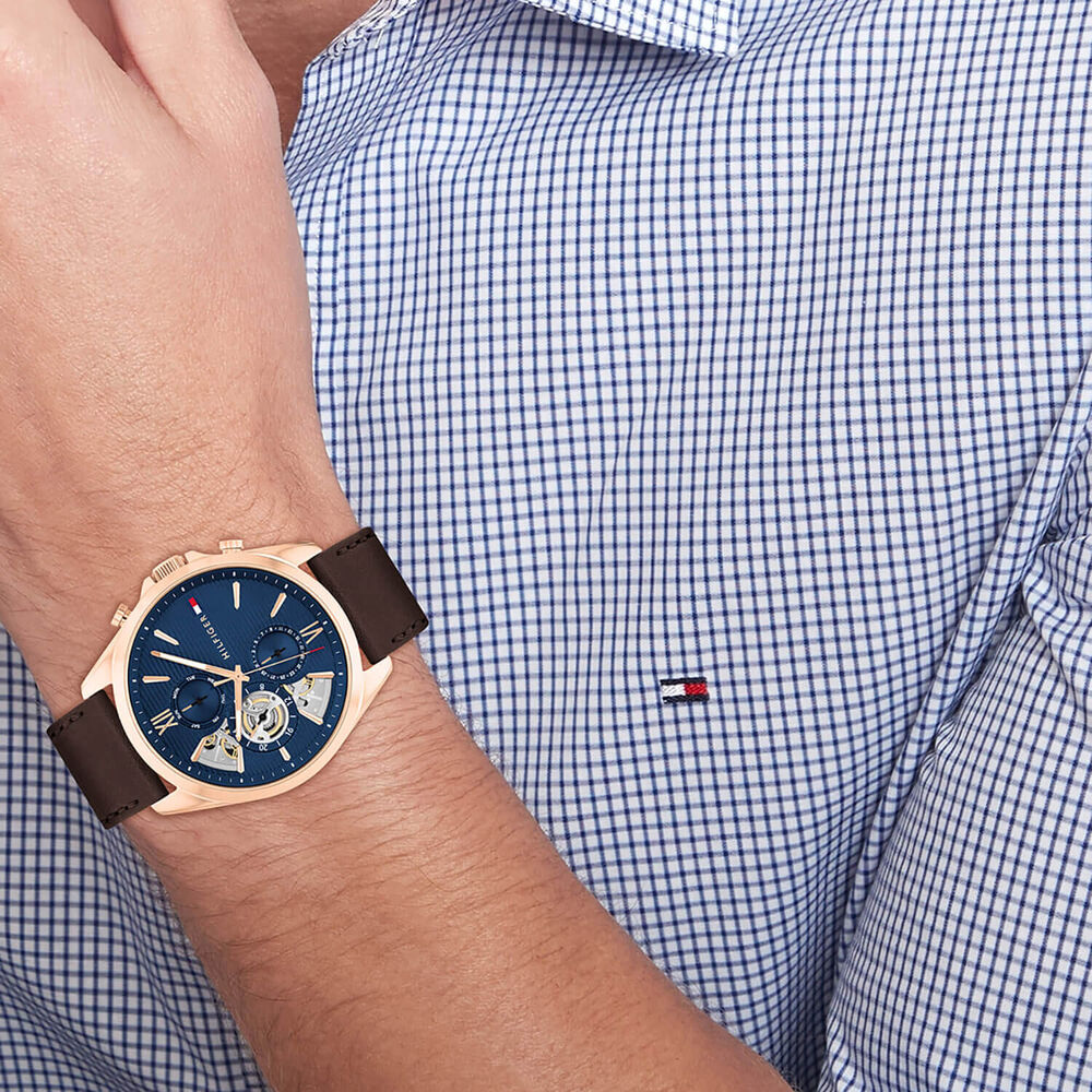 Tommy Hilfiger 43.5mm Blue Open Heart Dial Rose Gold Tone Steel Case Brown Leather Strap Watch image number 4
