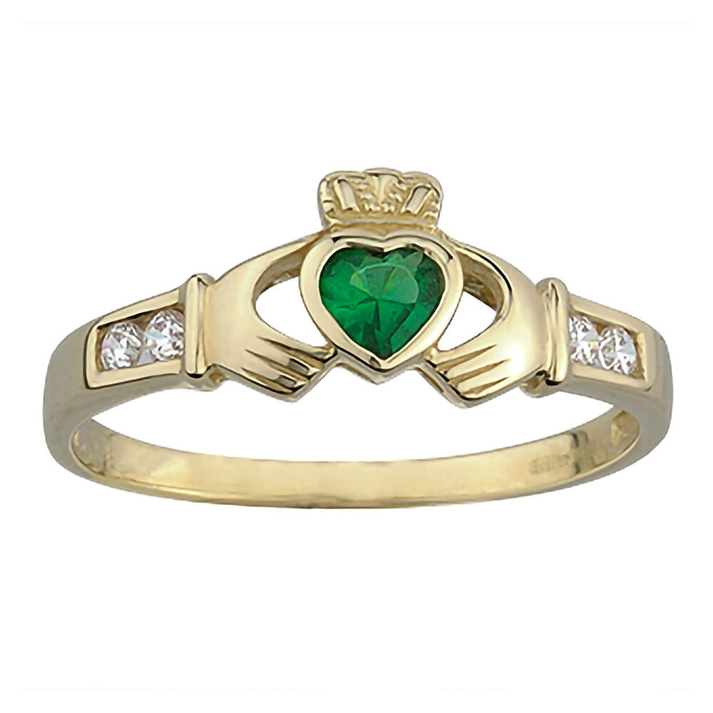 9ct Claddagh Green Heart Cubic Zirconia Shoulders Ring image number 0