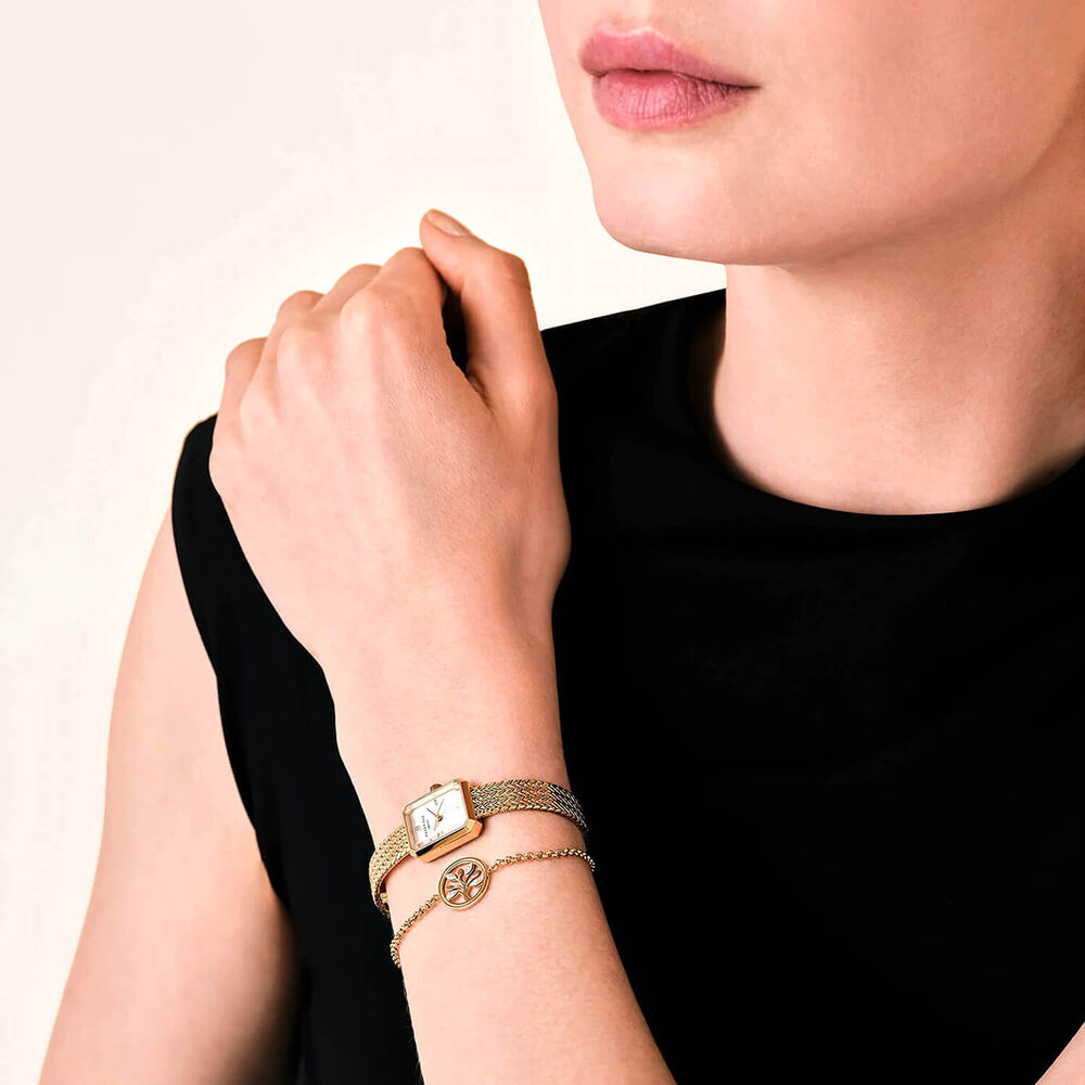 Rosefield Mini Octagon 15mm White Dial Gold Woven Mesh Bracelet Watch & Tree of Life Bracelet