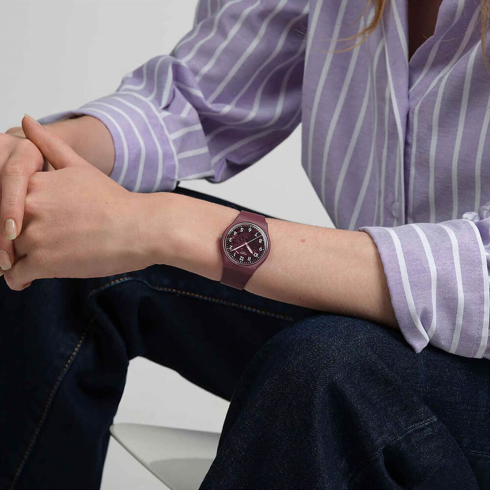 Swatch Thru The Crown Glass 34mm Burgundy Dial Silicone Strap Watch image number 3