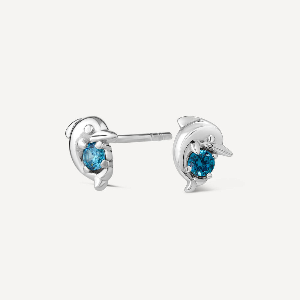 Little Treasure Sterling Silver Blue Crystal Dolphin Stud Earrings image number 2
