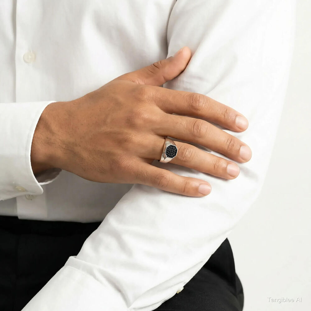 Sterling Silver Rhodium Plated 3.7mm Octagonal Men's Ring