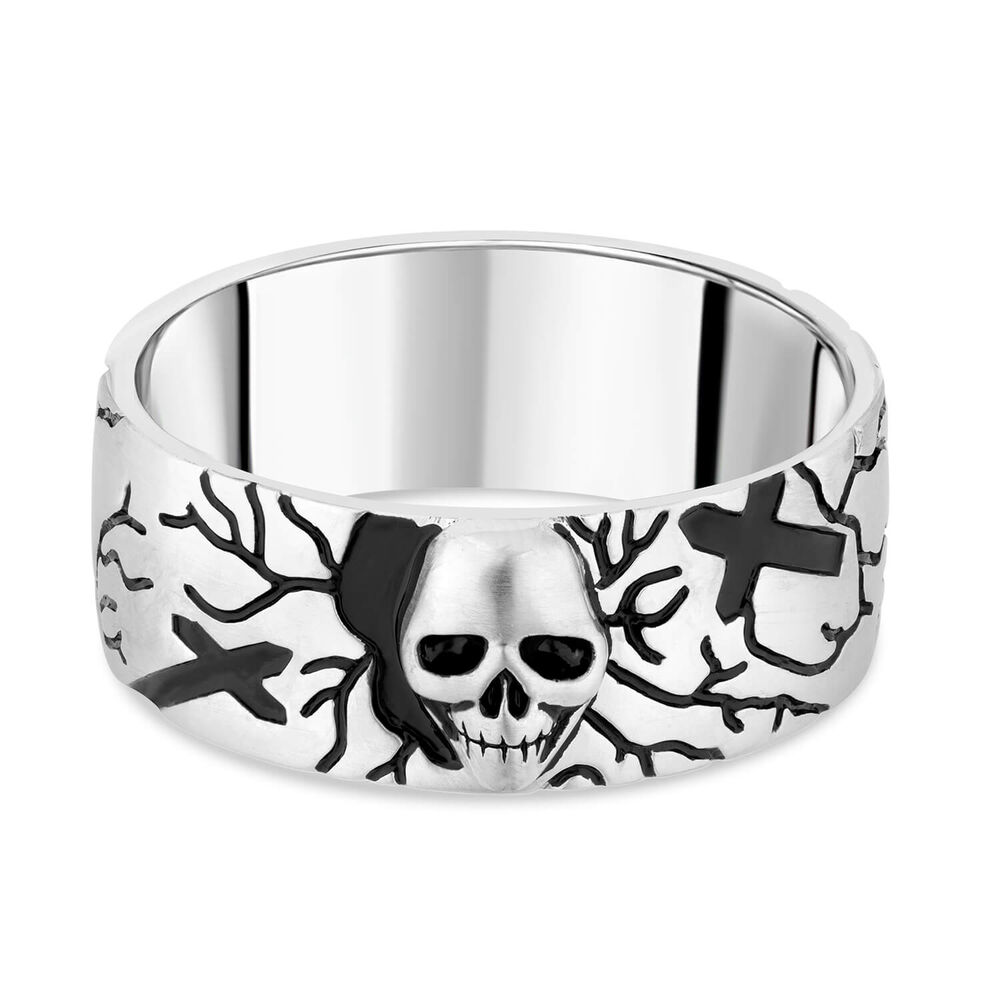 Sterling Silver Rhodium Plated 9.3mm Skull and Cross Men's Ring image number 4