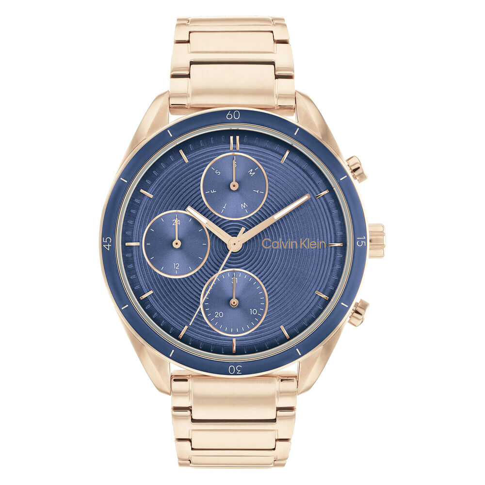 Calvin Klein Sport Ready 38mm Blue Dial Blue Bezel Rose Gold IP Bracelet Watch