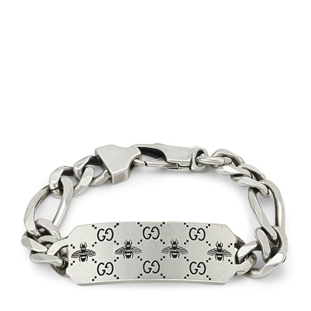 Gucci Signature Silver Interlocking Bee-Motif Tag Bracelet (Size 19)