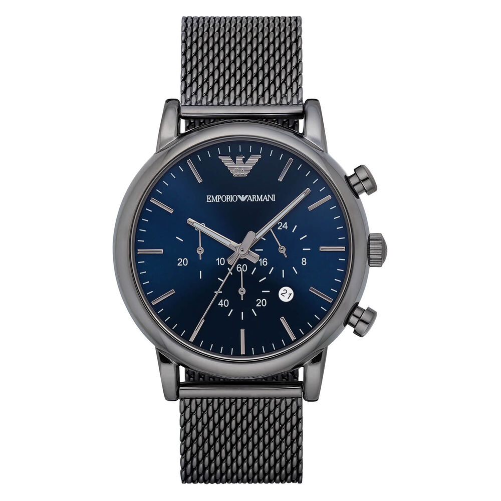 Emporio Armani Luigi 46mm Blue Chronograph Dial Grey IP Case Steel Mesh Bracelet Mens Watch