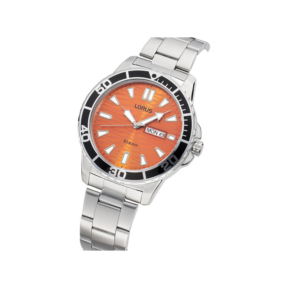 Lorus Quartz Gents 42mm Orange 'Seigaiha-mon' Dial Black Bezel Steel Bracelet Watch image number 1