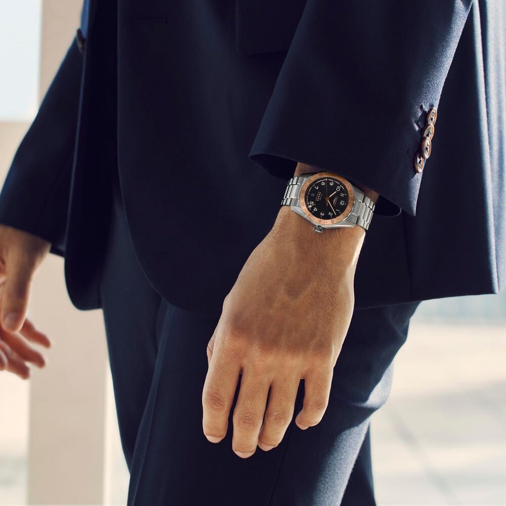 Longines Spirit Zulu Time 1925 39mm Black Dial 18kt Rose Gold Bezel Steel Bracelet Watch image number 8