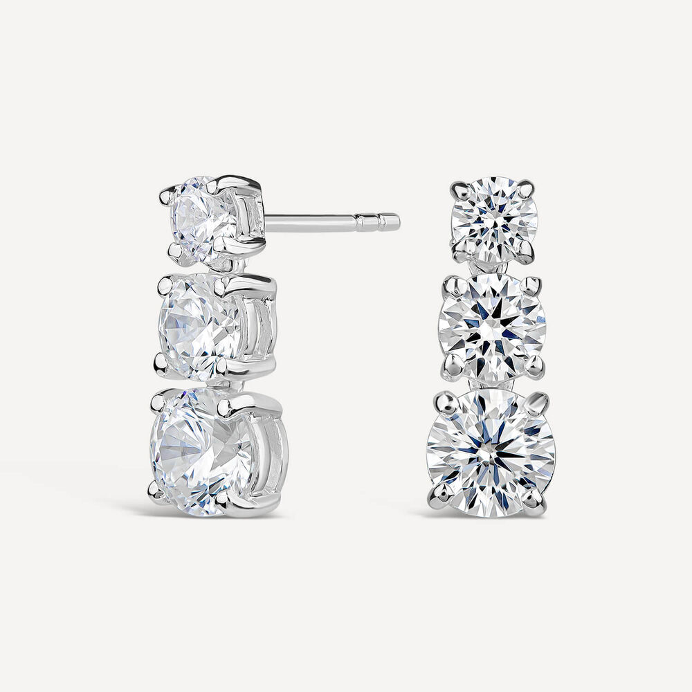 Sterling Silver 3 Stone Cubic Zirconia Graduated Drop Earrings image number 1