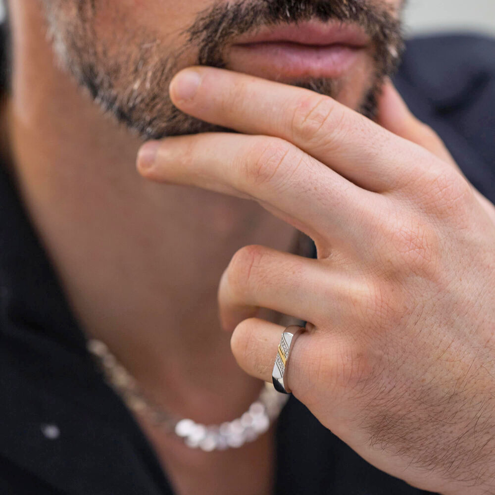 Gents Sterling Silver & 9ct Yellow Gold Flat Top 2 Line 0.002ct Diamond Set Ring image number 4