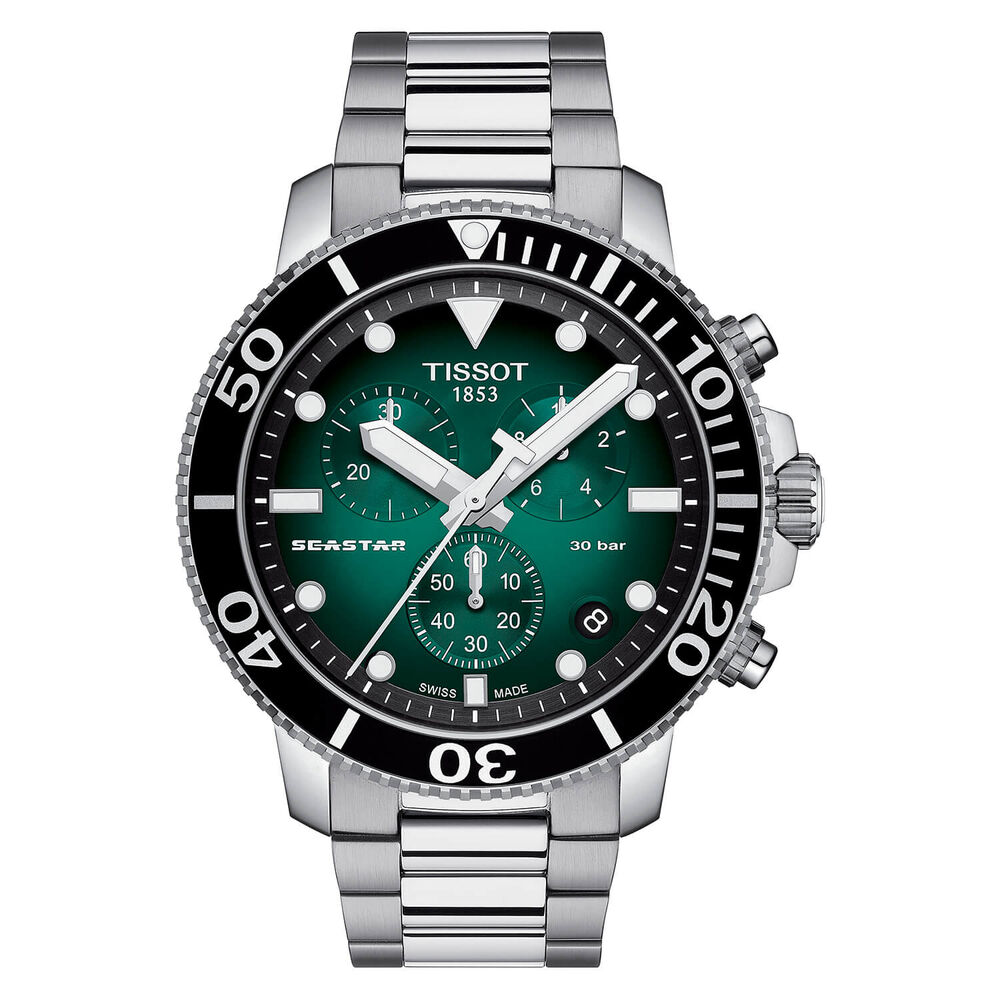Tissot Seastar 1000 Quartz Chronograph Green Dial Black Bezel Steel Case Bracelet Watch