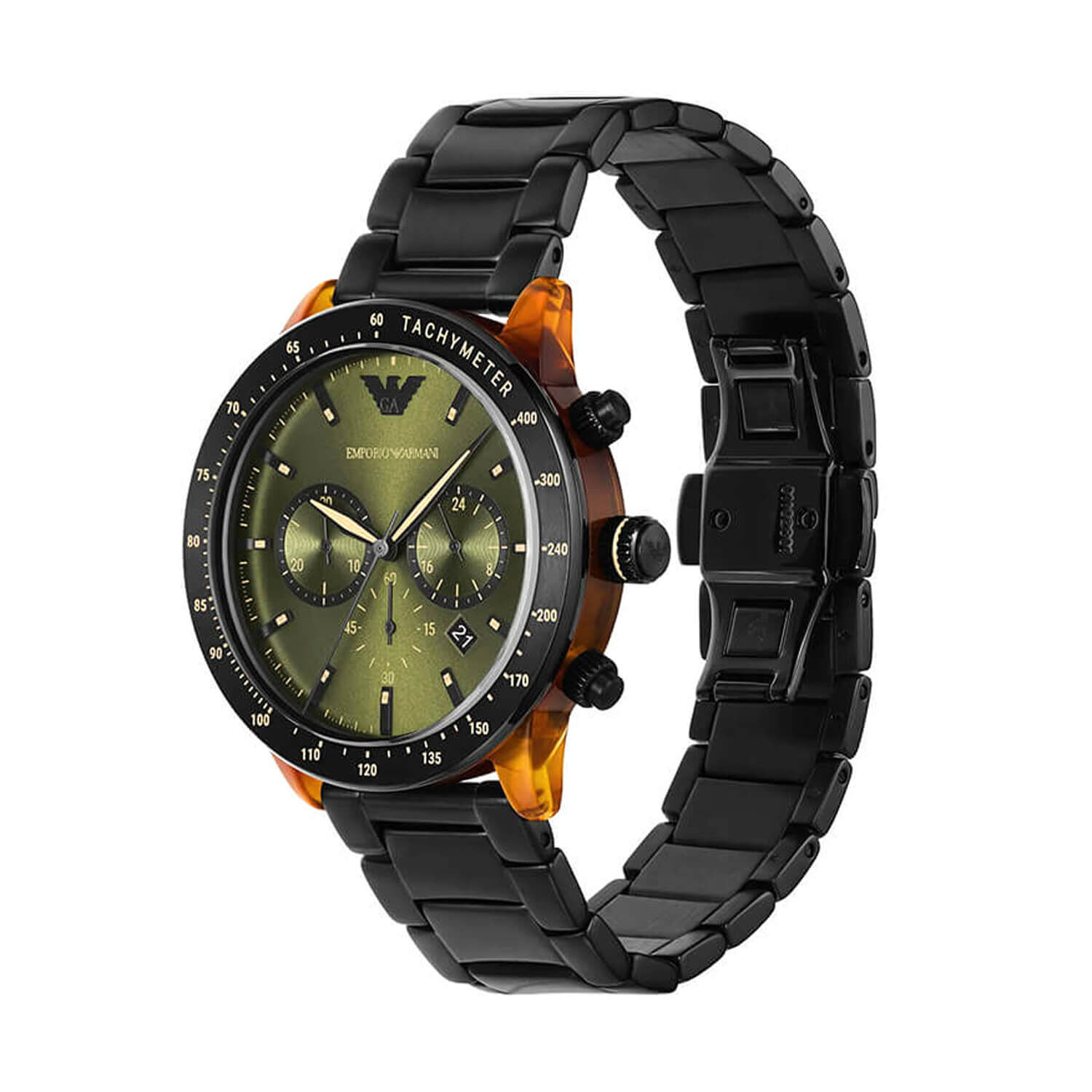 Emporio Armani 43.5mm Khaki Dial Black Steel Bracelet Watch