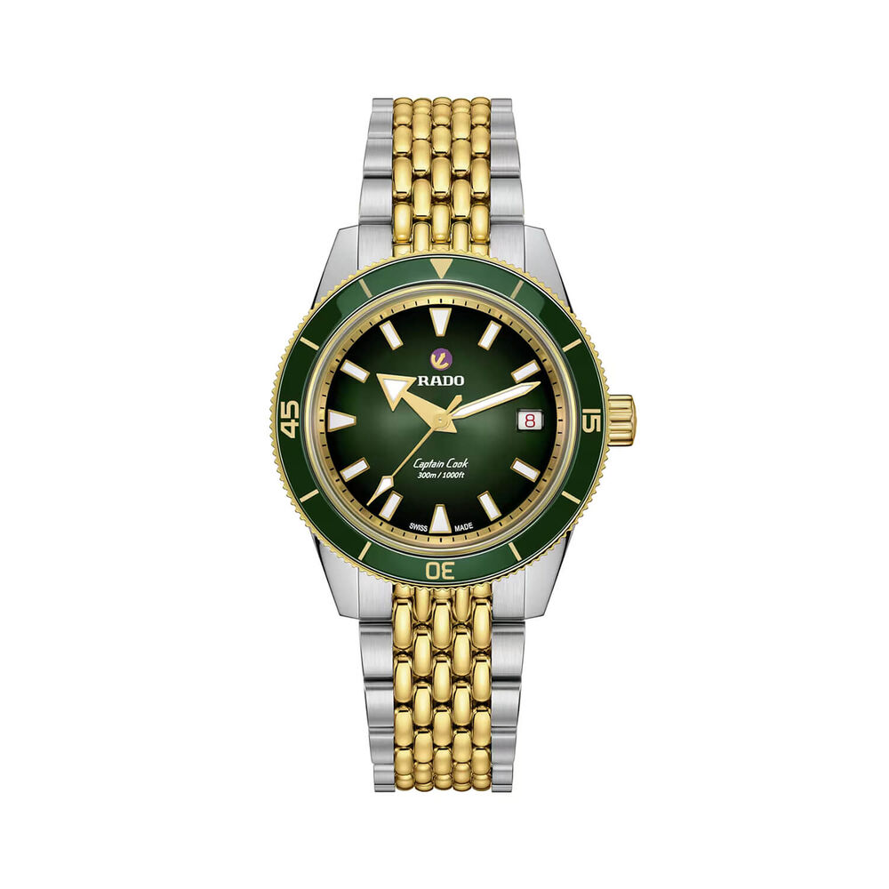 Rado Captain Cook Automatic 39mm Green Dial Yellow Gold PVD Steel Bracelet Watch image number 0