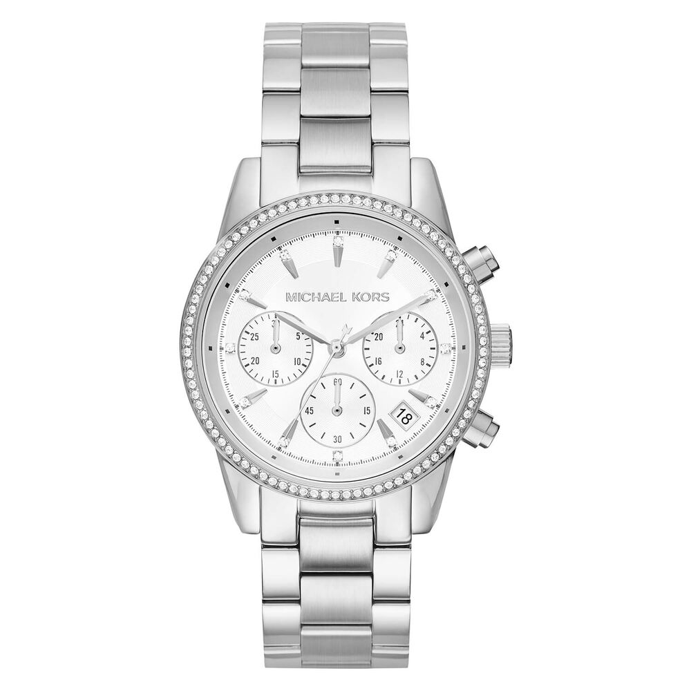 Michael Kors Ritz Silver Dial Cubic Zirconia Set Steel Case Bracelet Watch