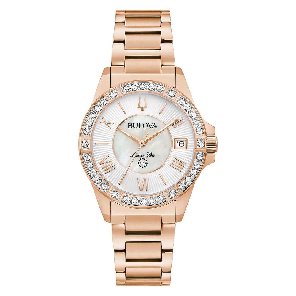 Bulova Marine Star Diamond 32mm White Dial Rose Gold Tone Stainless Steel Bracelet Watch image number 0