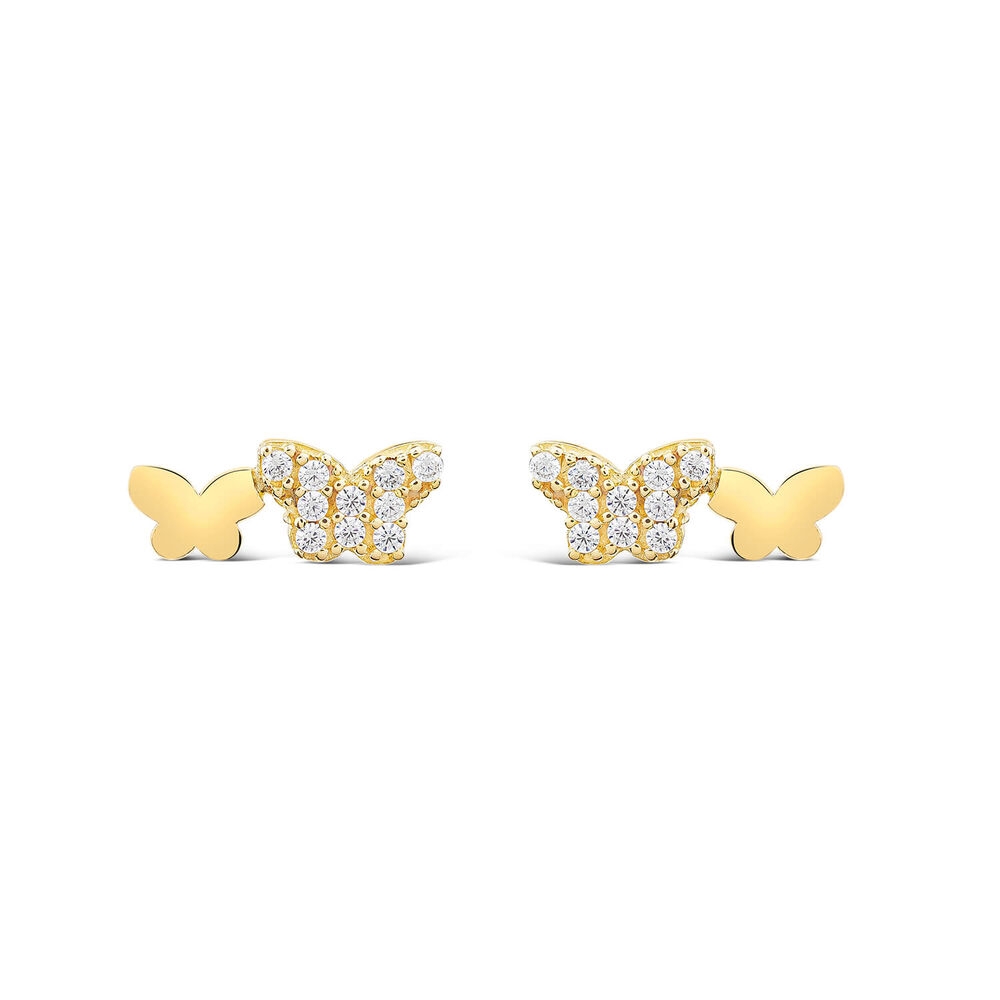 9ct Yellow Gold Double Cubic Zirconia & Polished Butterfly Earrings
