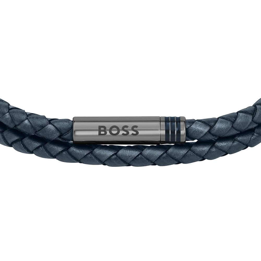 BOSS Ares Blue Braided Leather Bracelet image number 1