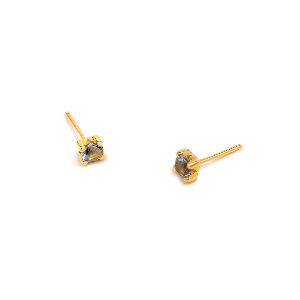 9ct Yellow Gold Four Claw Set Aqua Blue Cubic Zirconia Stud Earrings image number 1
