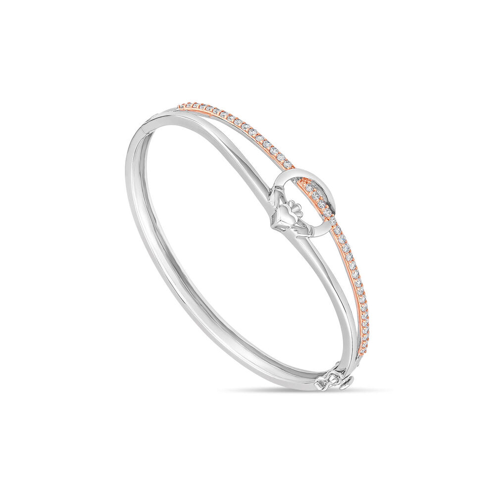 Sterling Silver & Rose Gold Plated Claddagh Cubic Zirconia Bangle
