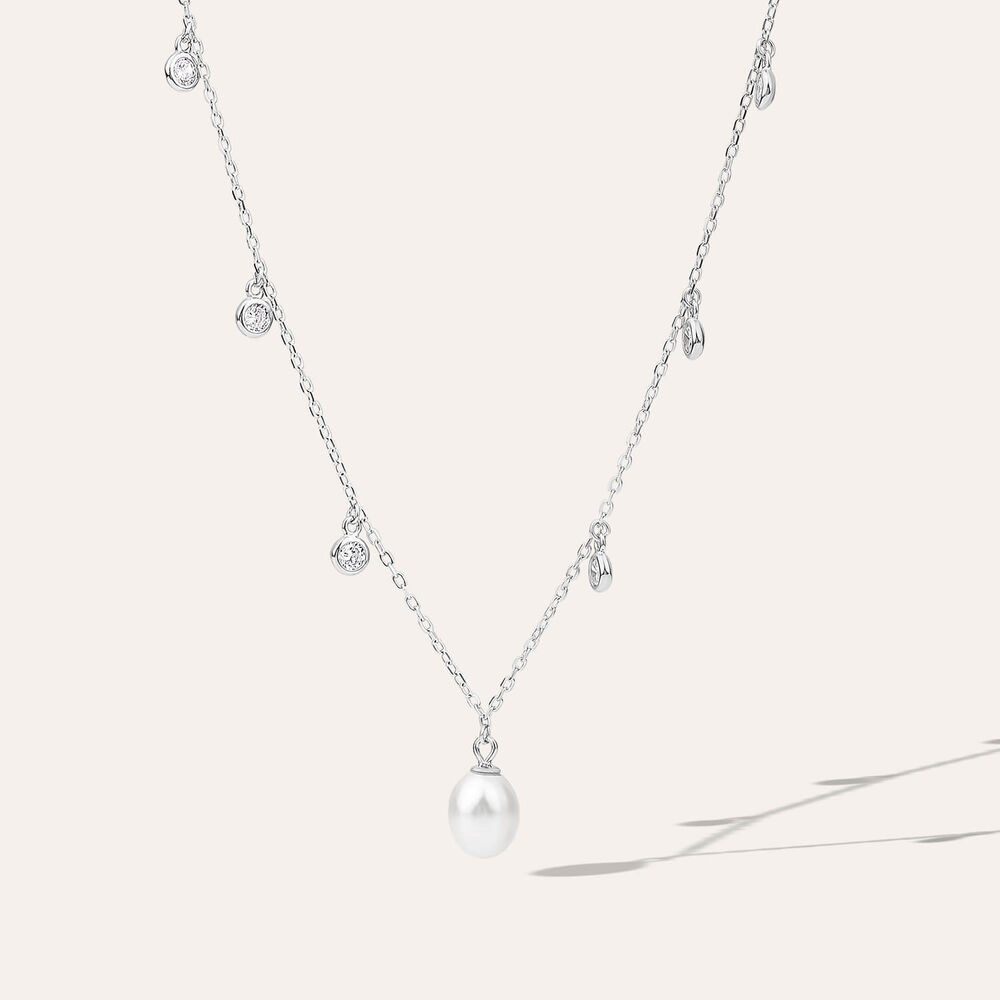 Sterling Silver Freshwater Pearl & Cubic Zirconia Droplets Necklet