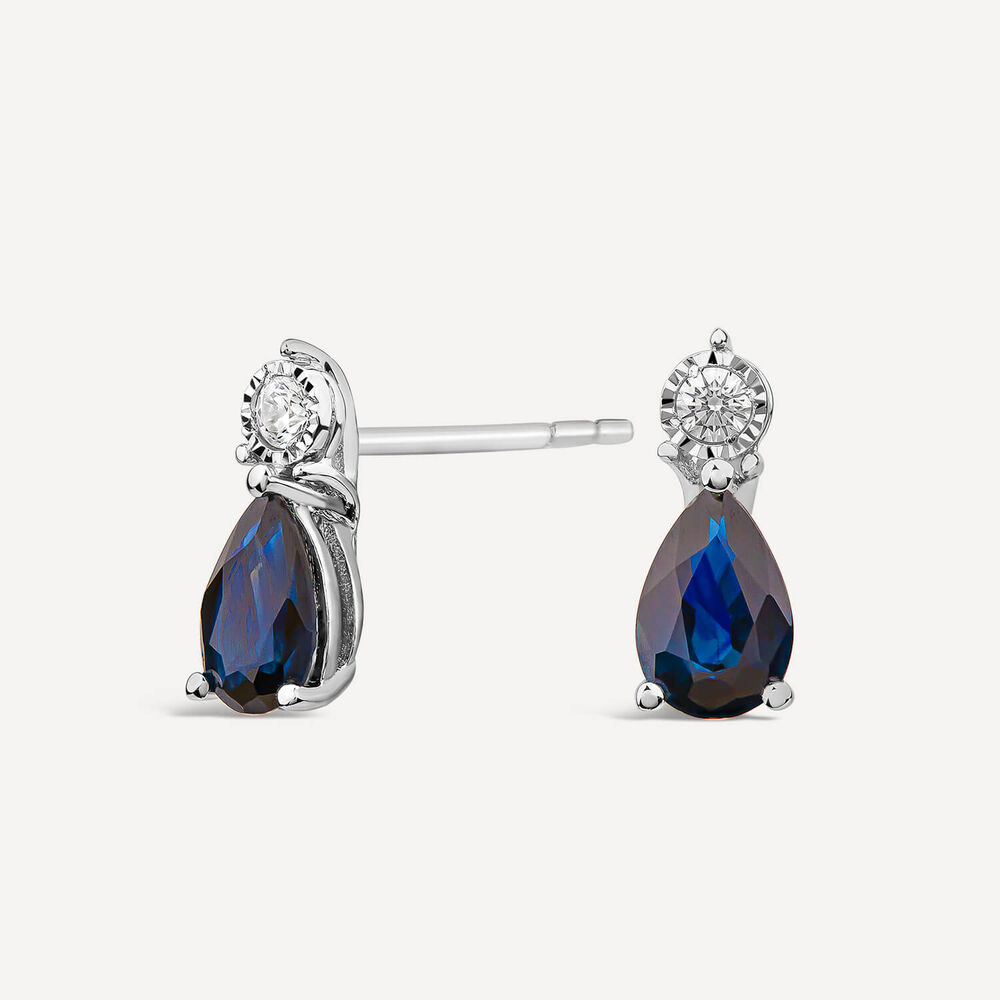 9ct White Gold Pear Sapphire & Diamond Top Drop Earrings image number 1