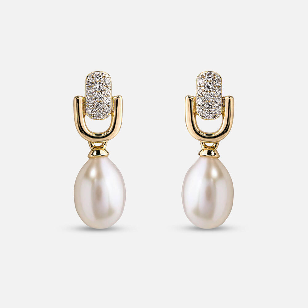 9ct Yellow Gold Oval Freshwater Pearl 0.08ct Pave Diamond Top Stirrup Drop Earrings