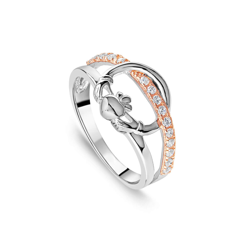 Sterling Silver Rose Gold Plated Cubic Zirconia Claddagh Ring