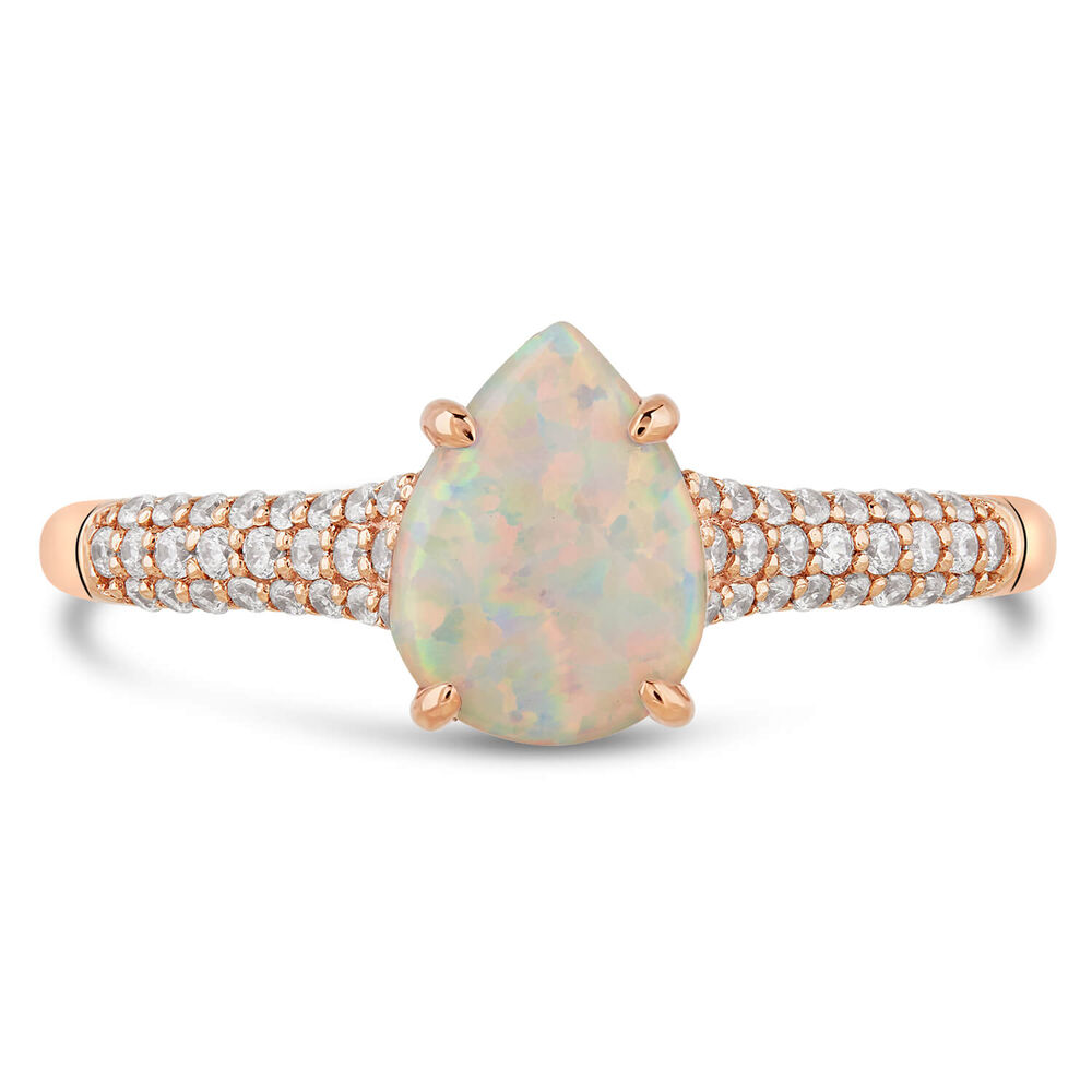 9ct Rose Gold Pear Created Opal Cubic Zirconia Pave Shells Ring