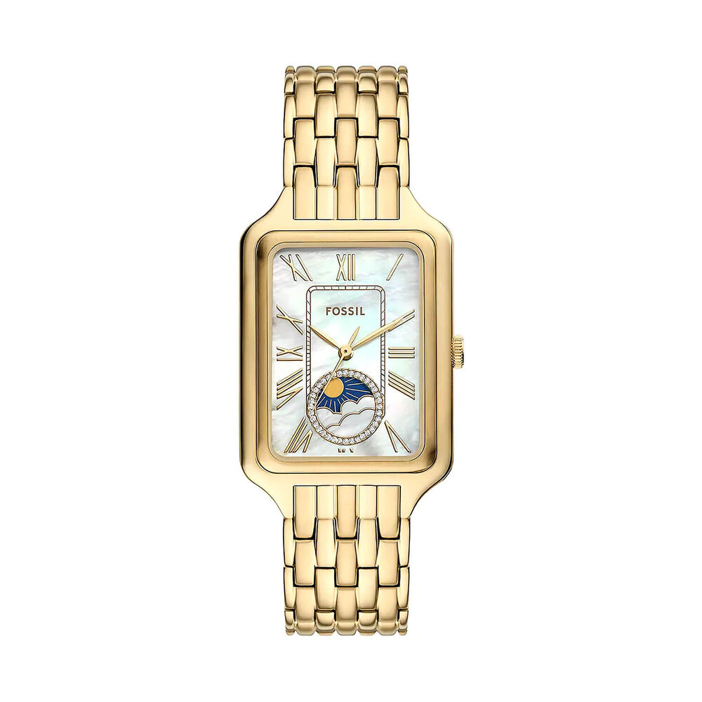 Fossil Raquel Sun Moon 29mm Mother of Pearl Dial Gold Tone Stainless Steel Bracelet Watch image number 0