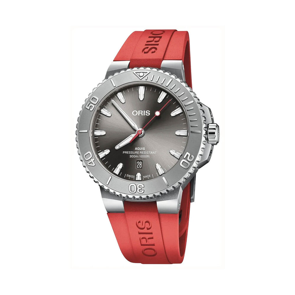 Oris Aquis Date Relief 43.5mm Grey Dial Red Rubber Strap Watch