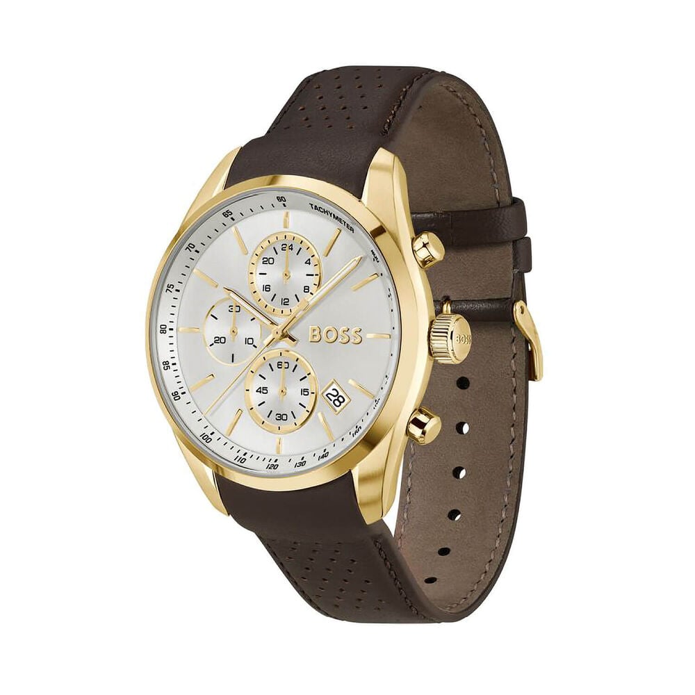 BOSS Grand Prix 44mm Silver Dial Gold Tone Case Brown Leather Strap Watch image number 1