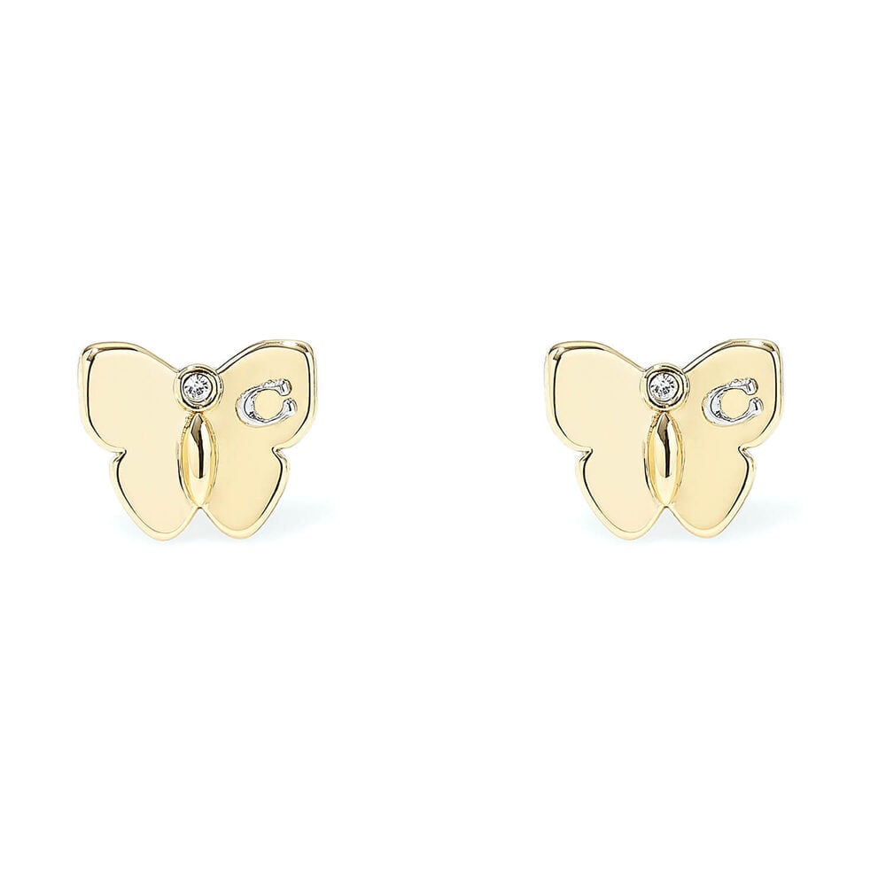 Coach Signature Gold Tone Brass Cubic Zirconia Butterfly Stud Earrings