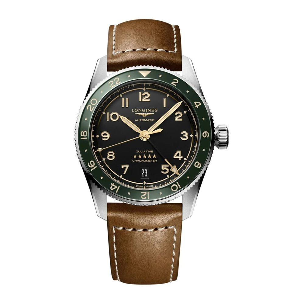 Longines Spirit 39mm Black Dial Stainless Steel & Ceramic Case Leather Strap Watch