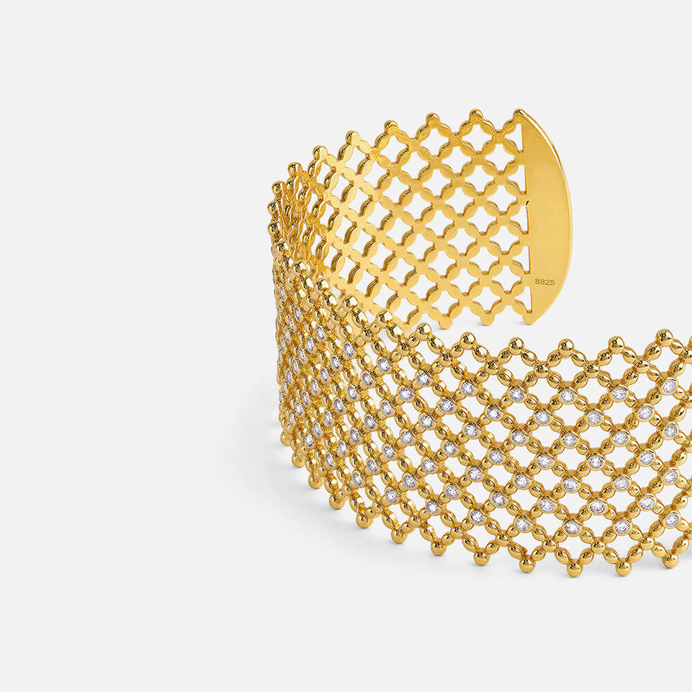 Yellow Gold Plated Sterling Silver Cubic Zirconia Filigree Cuff Bangle