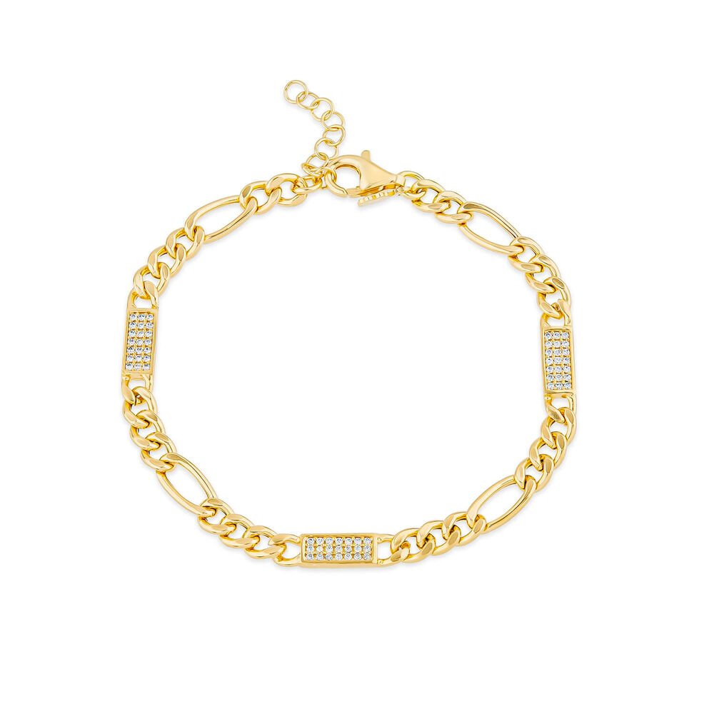 Silver & Yellow Gold Plated Figaro & Cubic Zirconia Bar Centre Bracelet image number 0