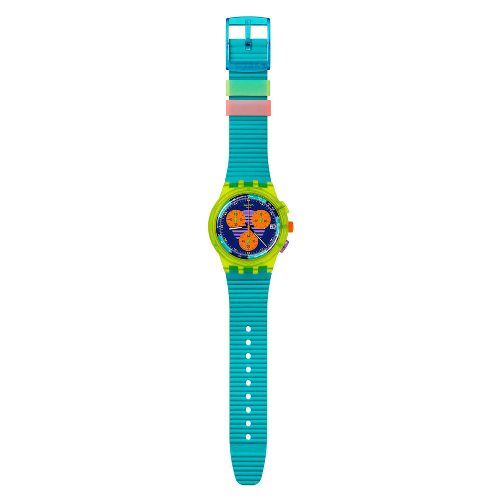 Swatch Neon Wave Chronograph 42mm Multi-Coloured Dial Blue Silicone Strap Watch image number 2