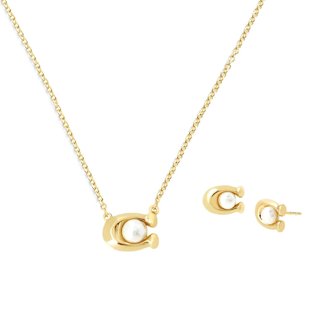 Coach Signature Gold Tone Brass Pearl Necklace & Earrings Set